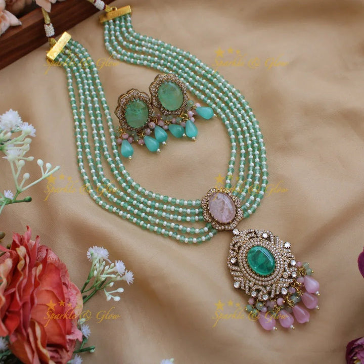 Stunning Floral and stone pendant Victorian AD haram with multi layer beads chain - green - Sparkle and Glow