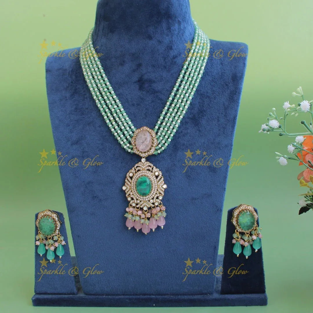 Stunning Floral and stone pendant Victorian AD haram with multi layer beads chain - green - Sparkle and Glow