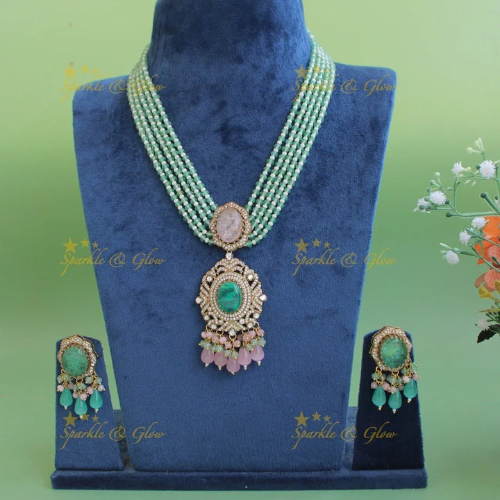 Stunning Floral and stone pendant Victorian AD haram with multi layer beads chain - green - Sparkle and Glow