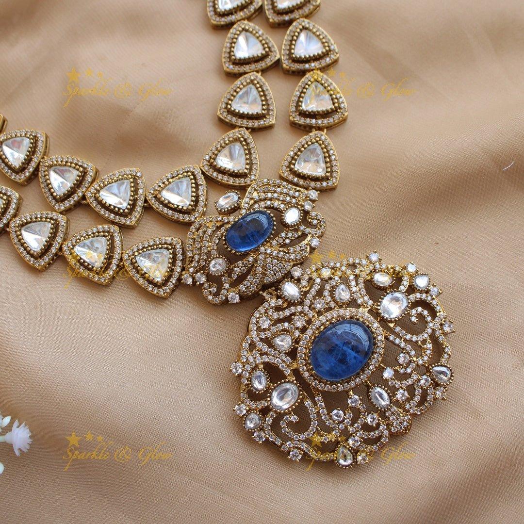 Grand intricate Floral and branch pendant Victorian AD two layer long necklace with blue stone - Sparkle and Glow