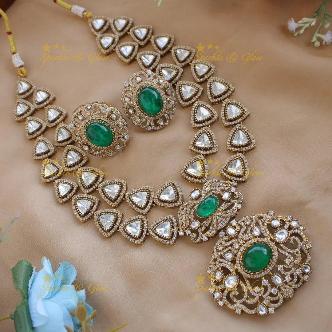 Grand intricate Floral and branch pendant Victorian AD two layer long necklace with blue stone - Sparkle and Glow