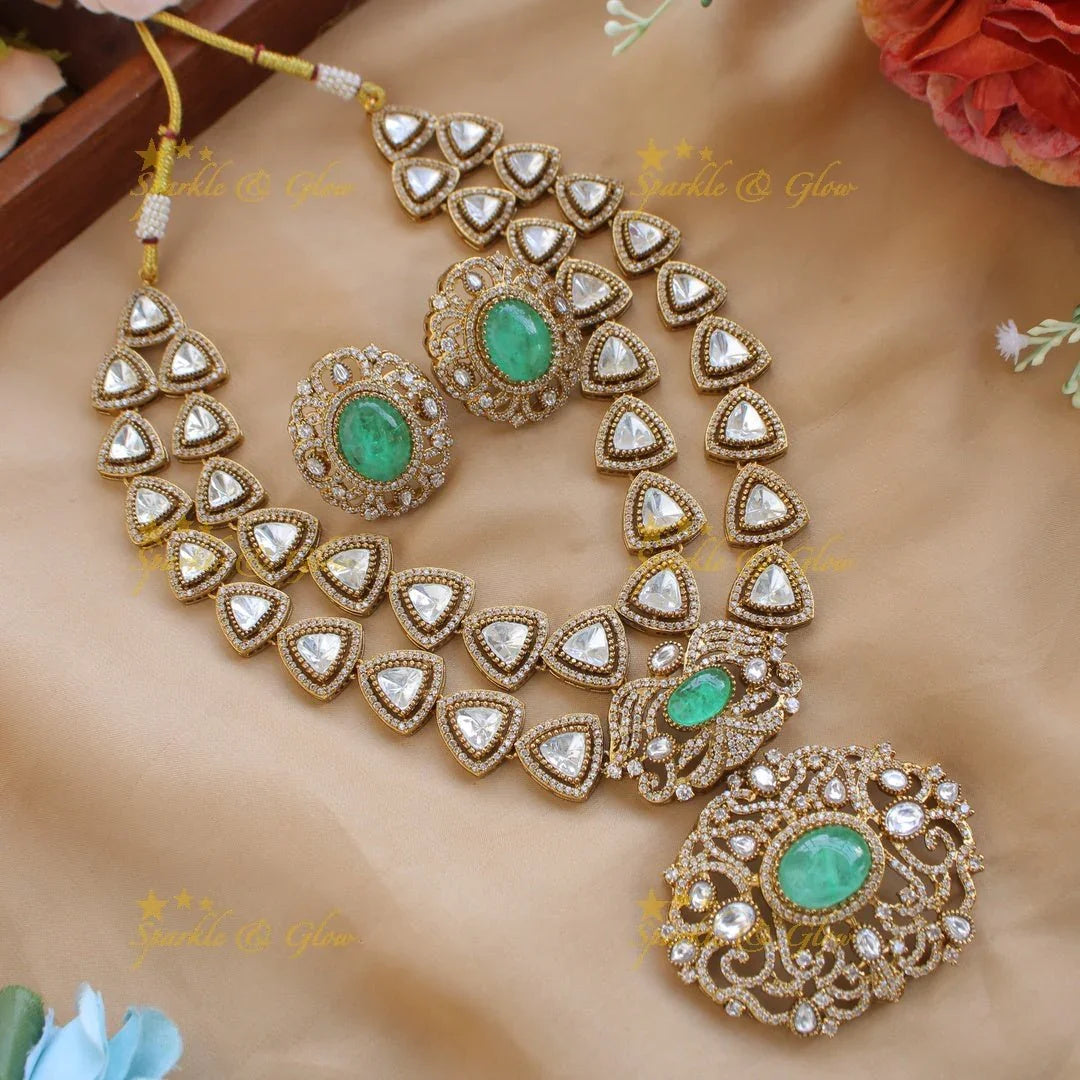 Grand intricate Floral and branch pendant Victorian AD two layer long necklace with blue stone - Sparkle and Glow