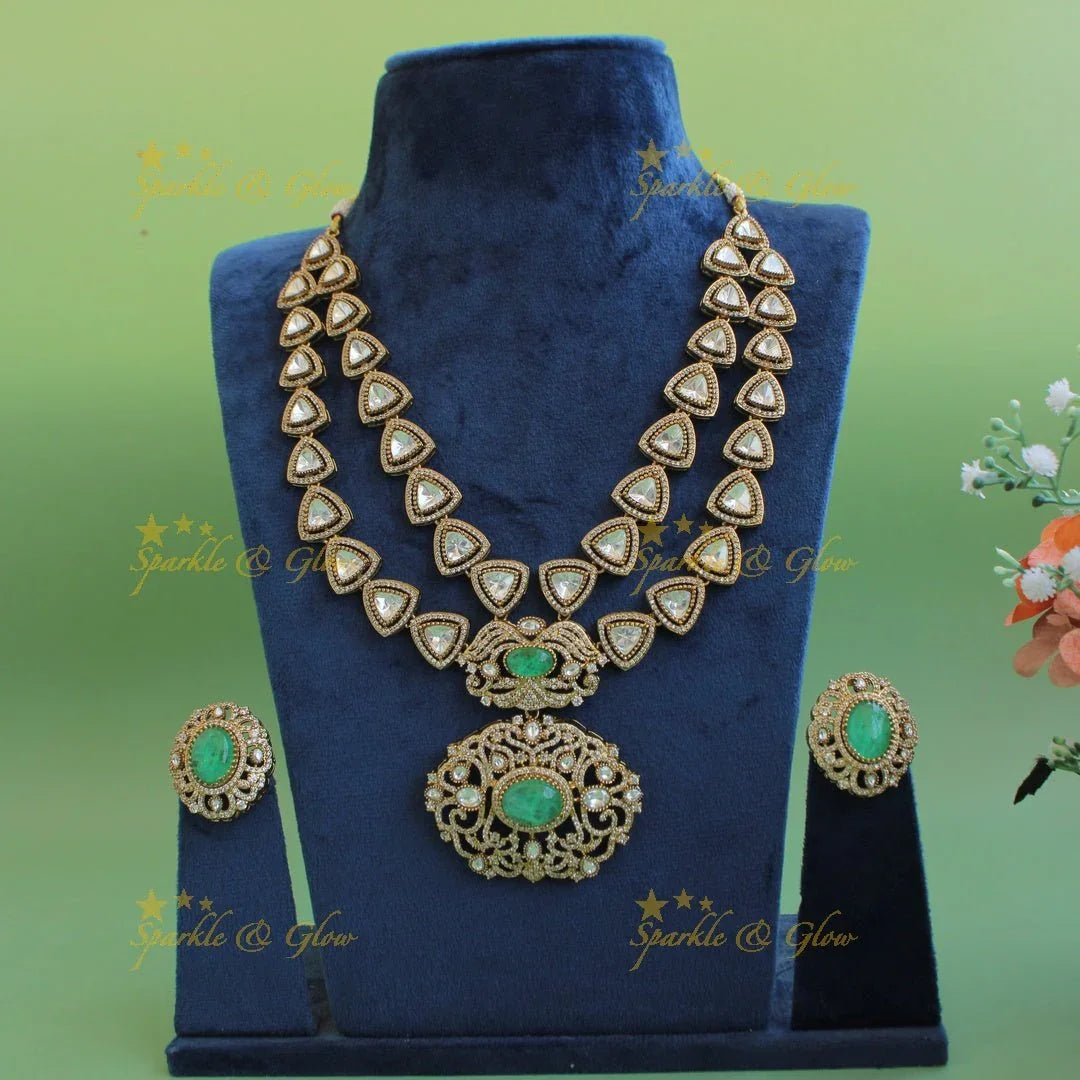 Grand intricate Floral and branch pendant Victorian AD two layer long necklace with blue stone - Sparkle and Glow