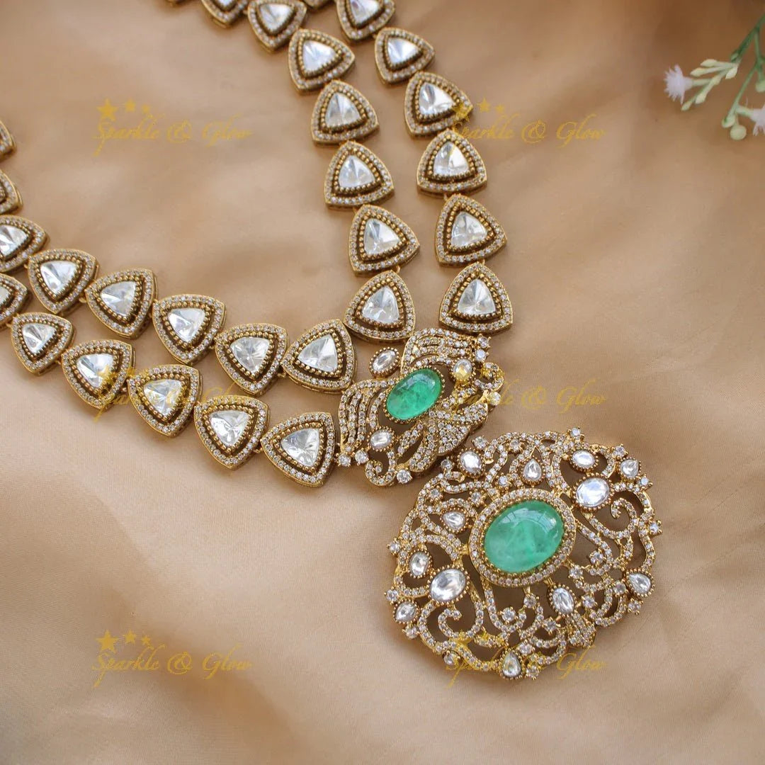 Grand intricate Floral and branch pendant Victorian AD two layer long necklace with blue stone - Sparkle and Glow