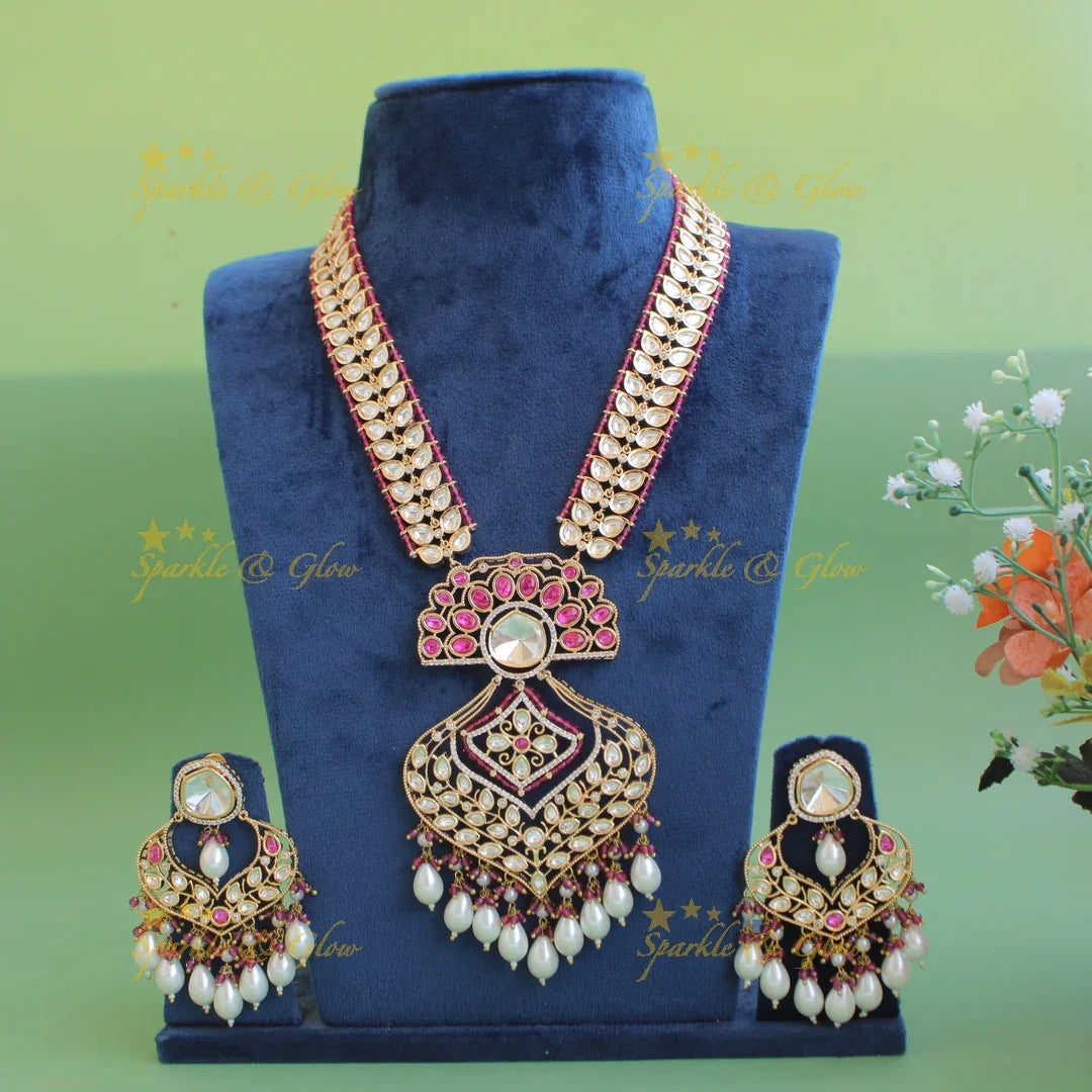 Gorgeous Leaflet design kundan Victorian AD haram with pink beads and pearl drops - Sparkle and Glow