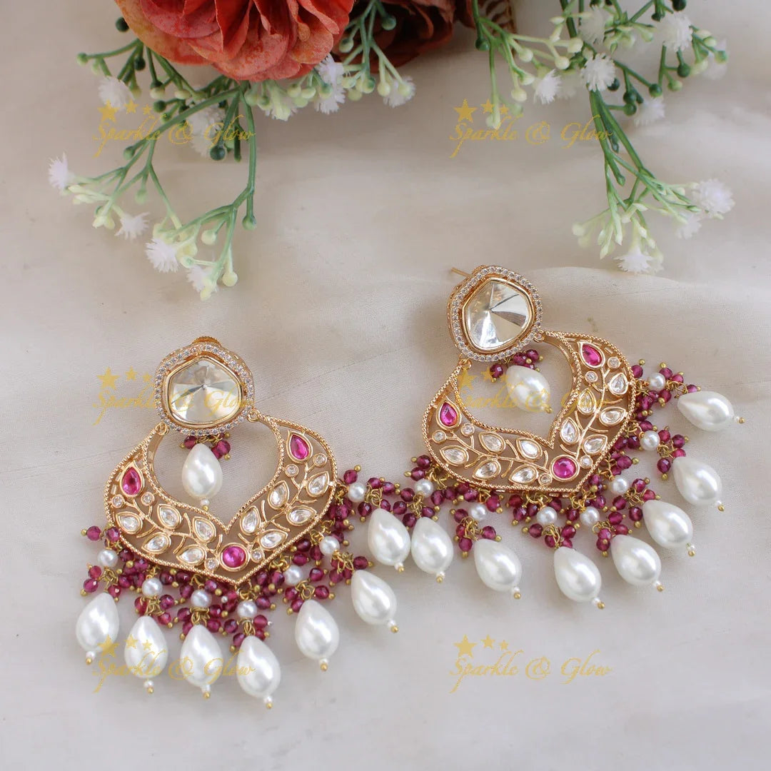 Gorgeous Leaflet design kundan Victorian AD haram with pink beads and pearl drops - Sparkle and Glow