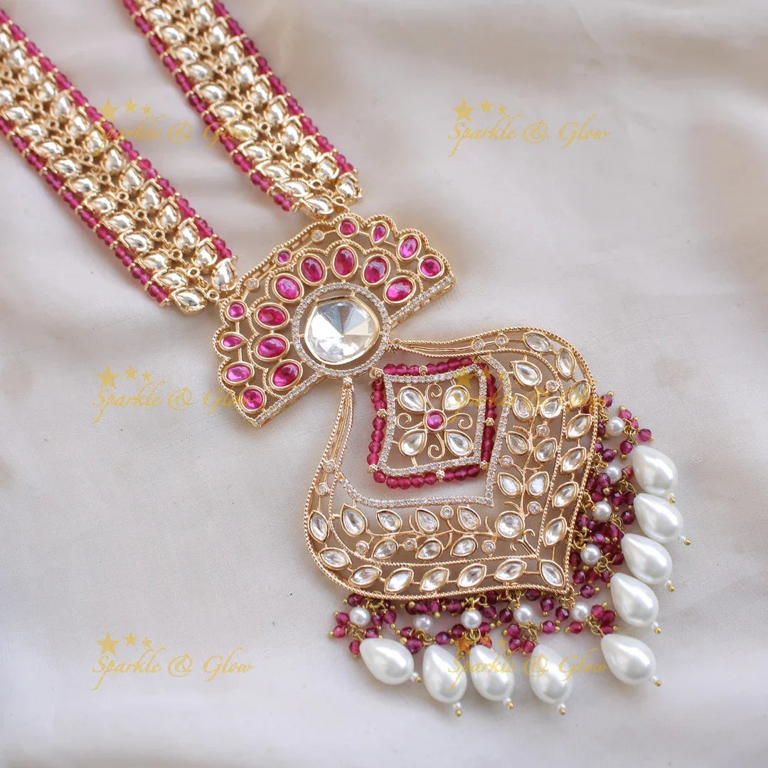Gorgeous Leaflet design kundan Victorian AD haram with pink beads and pearl drops - Sparkle and Glow