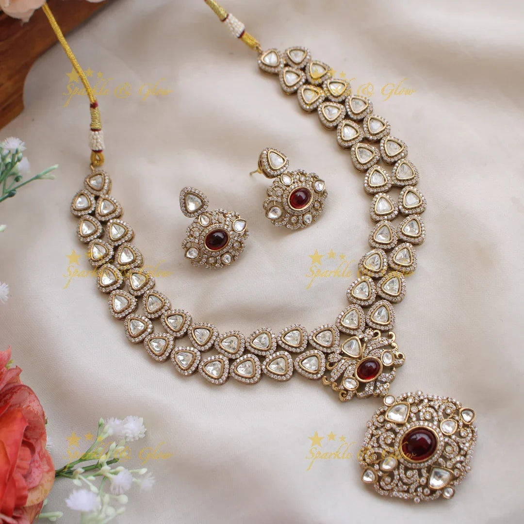 Exclusive floral pendant two layer victorian AD short necklace with maroon colour stones - Sparkle and Glow
