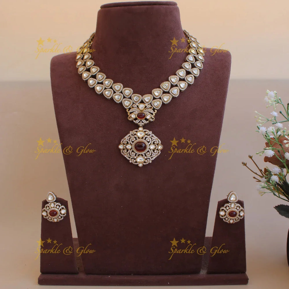 Exclusive floral pendant two layer victorian AD short necklace with maroon colour stones - Sparkle and Glow