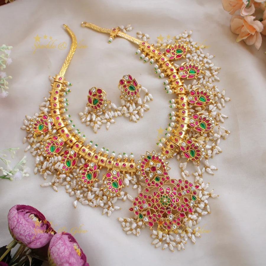 Statement Jadau Floral Peacock with rice pearl beads long haram - Sparkle and Glow