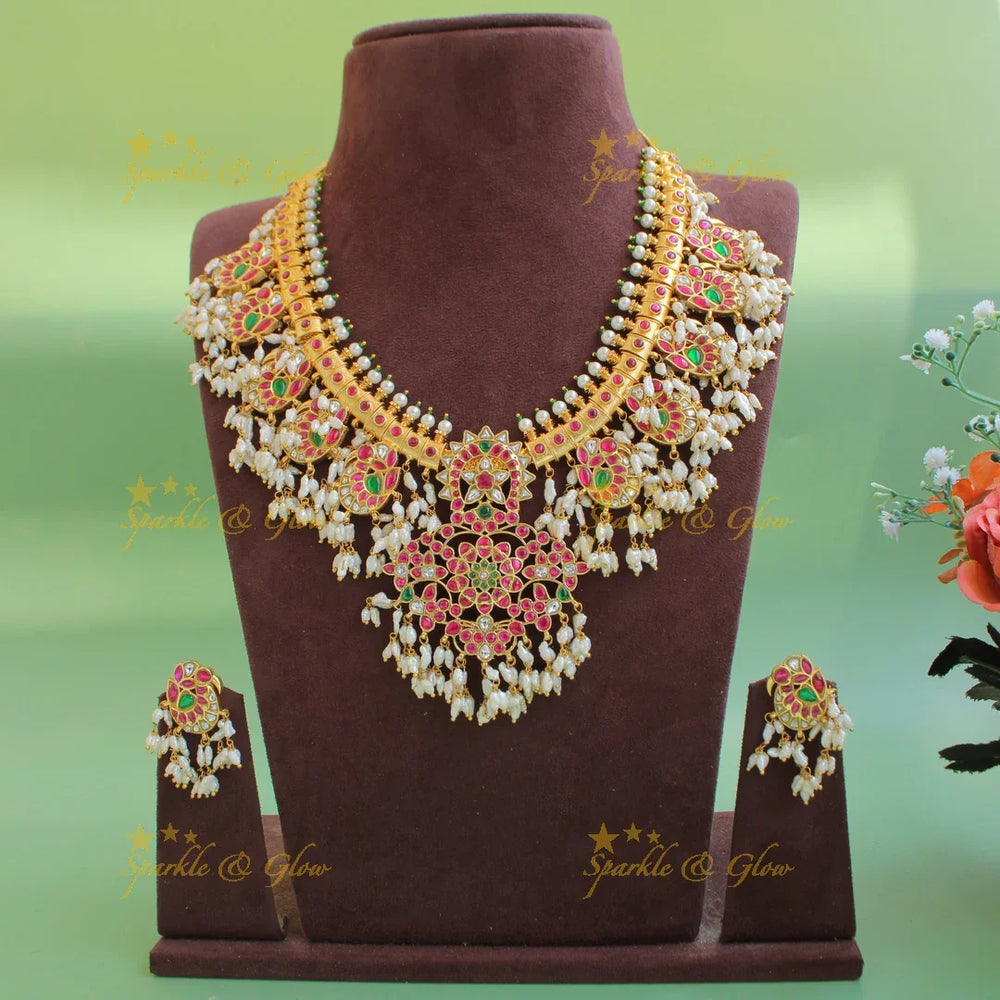 Statement Jadau Floral Peacock with rice pearl beads long haram - Sparkle and Glow