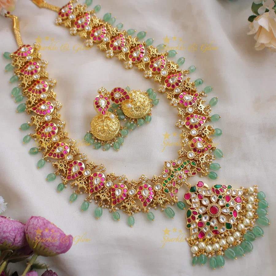 Exclusive Peacock with Floral design and green beads jadau long haram - Sparkle and Glow