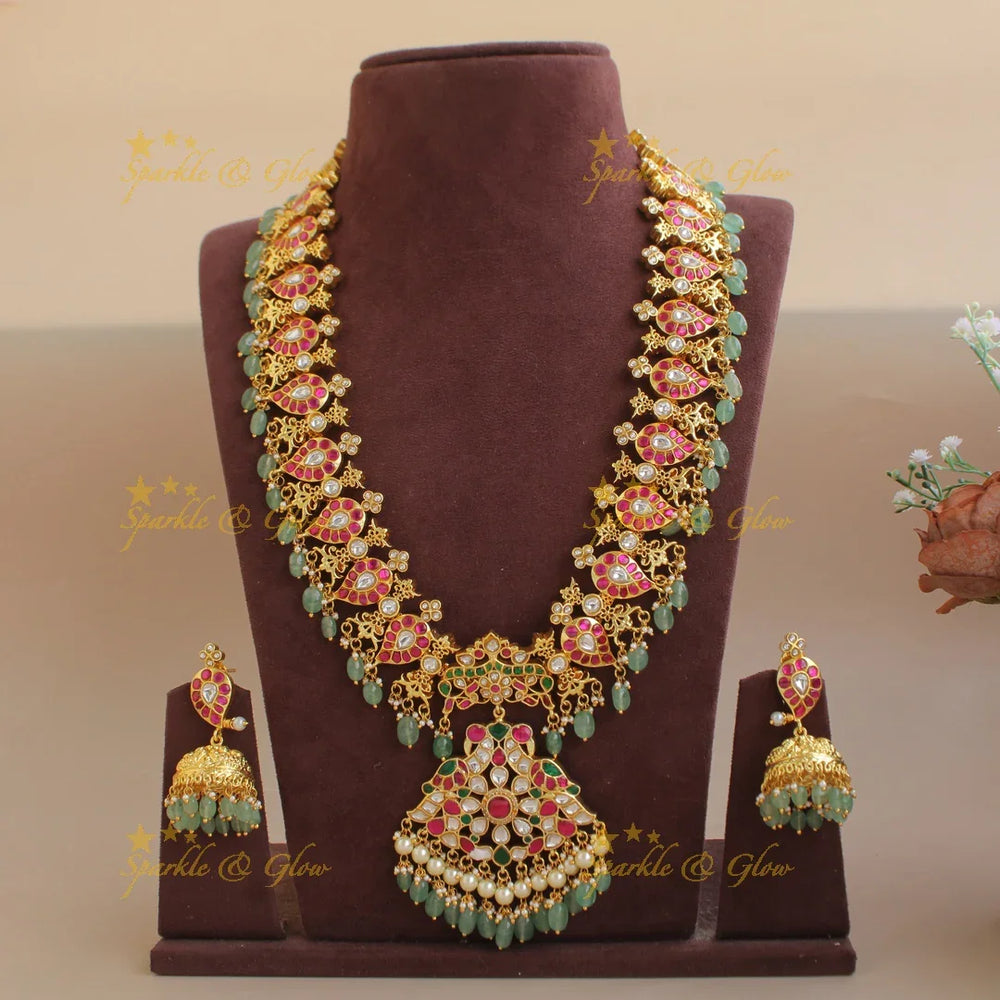 Exclusive Peacock with Floral design and green beads jadau long haram - Sparkle and Glow