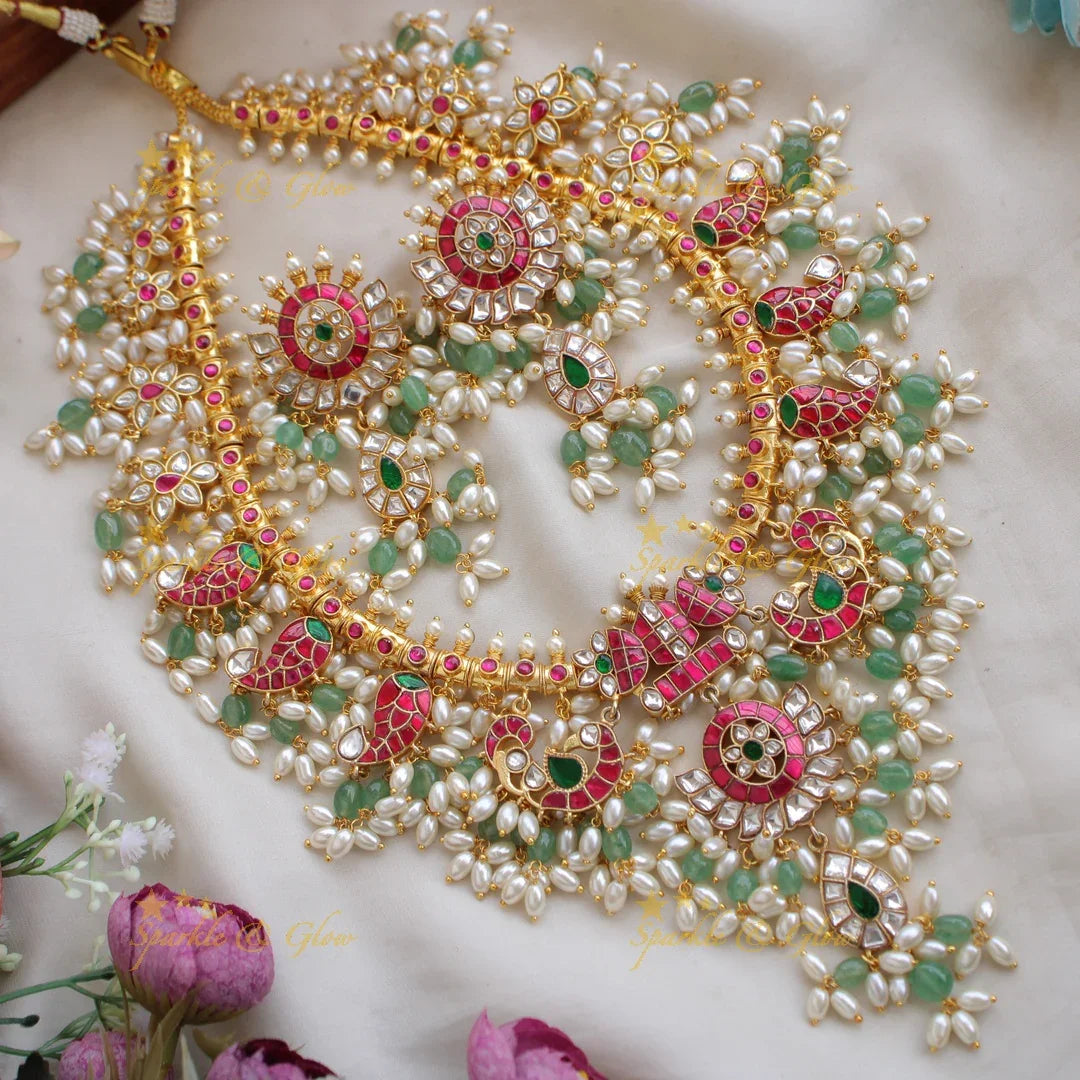 Elegant Floral Peacock with green and pearl beads Jadau long haram - Sparkle and Glow