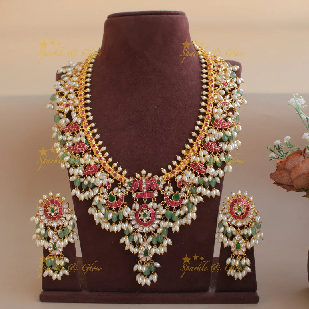 Elegant Floral Peacock with green and pearl beads Jadau long haram - Sparkle and Glow