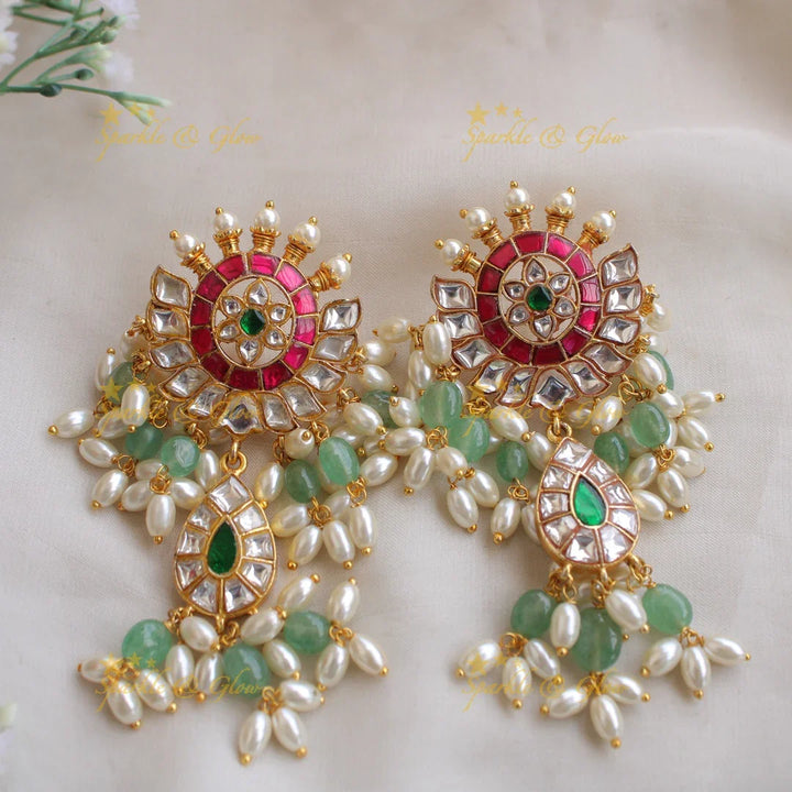 Elegant Floral Peacock with green and pearl beads Jadau long haram - Sparkle and Glow