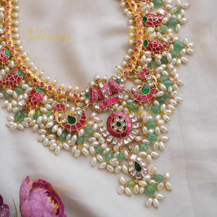 Elegant Floral Peacock with green and pearl beads Jadau long haram - Sparkle and Glow