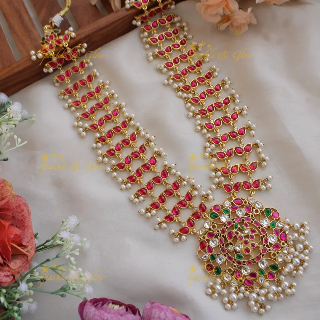 Beaiutiful floral Jadau long Haram with pearl beads - Sparkle and Glow