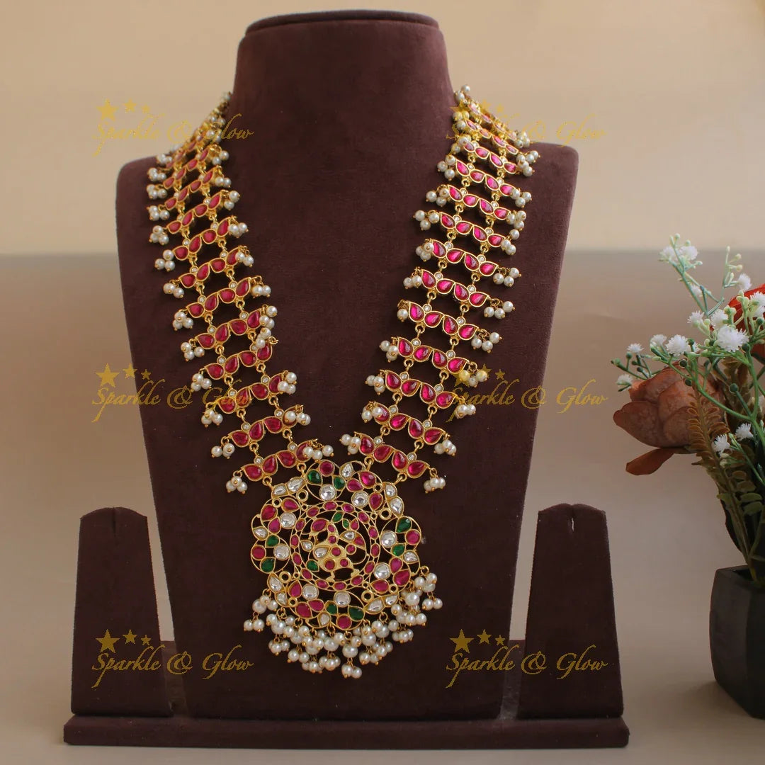 Beaiutiful floral Jadau long Haram with pearl beads - Sparkle and Glow