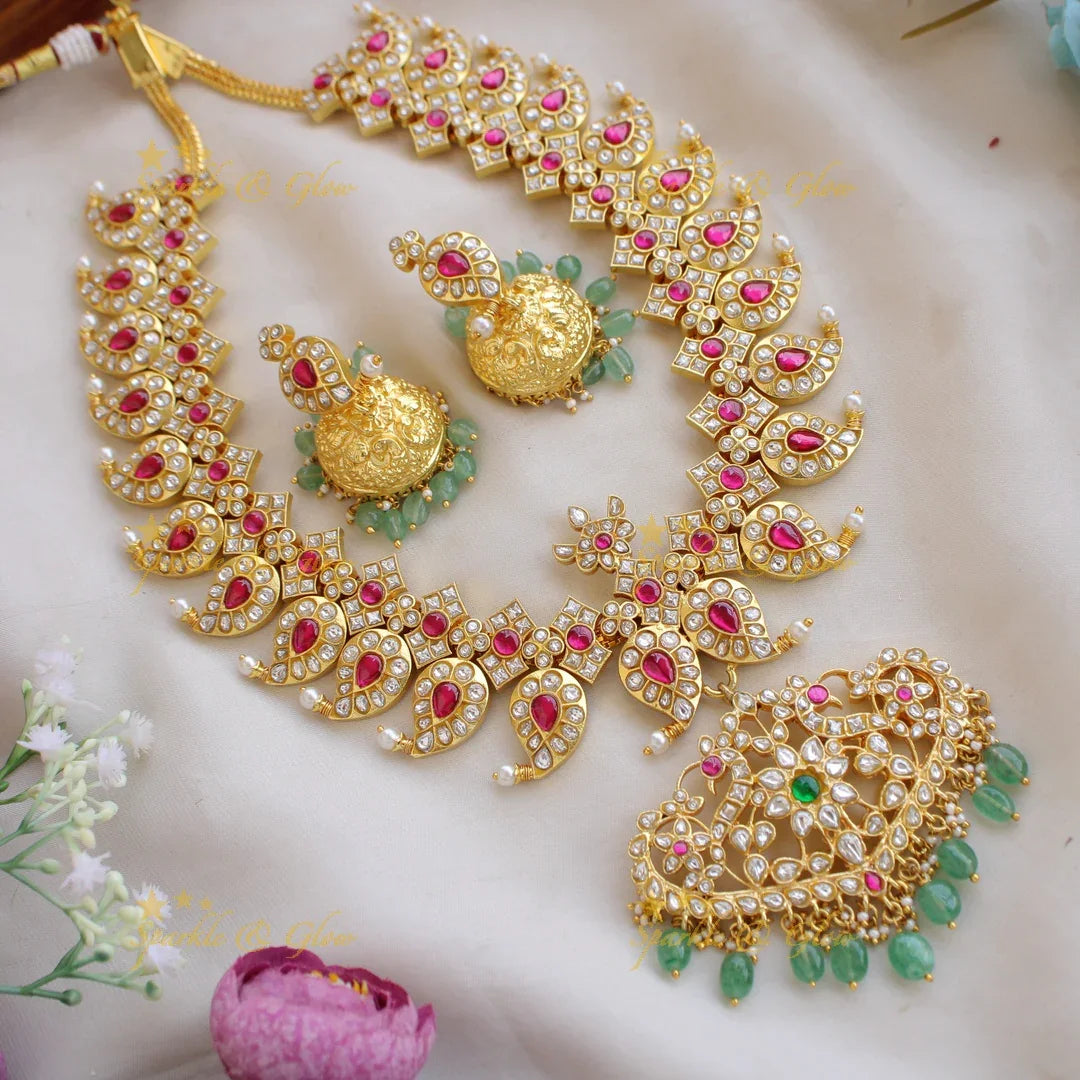 Exclusive Jadau Kundan Mango long Haram with mint Green beads - Sparkle and Glow