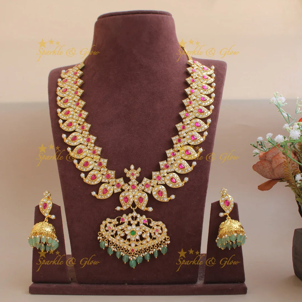 Exclusive Jadau Kundan Mango long Haram with mint Green beads - Sparkle and Glow