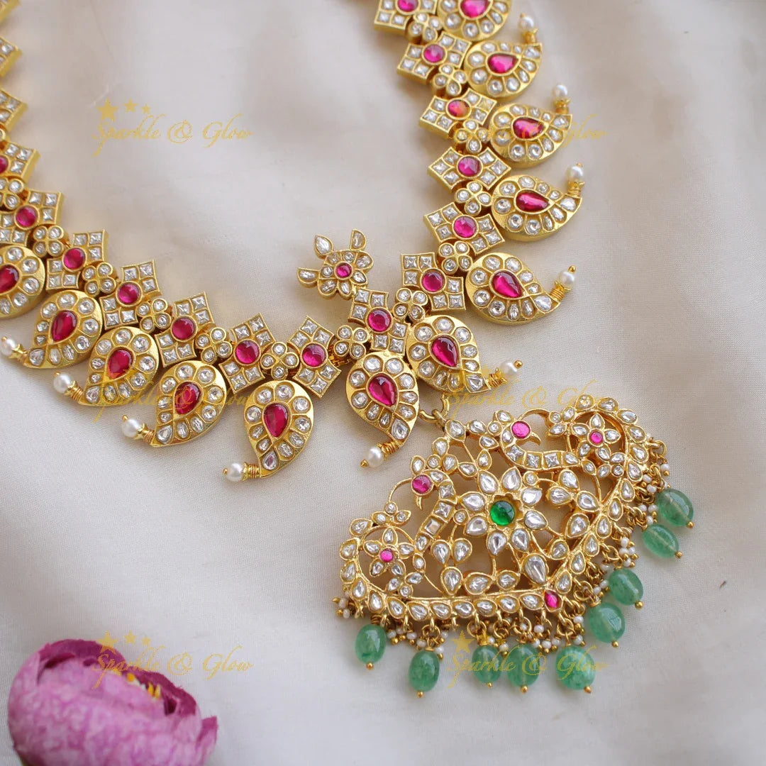 Exclusive Jadau Kundan Mango long Haram with mint Green beads - Sparkle and Glow