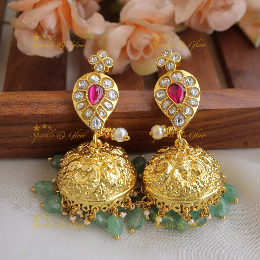 Exclusive Jadau Kundan Mango long Haram with mint Green beads - Sparkle and Glow