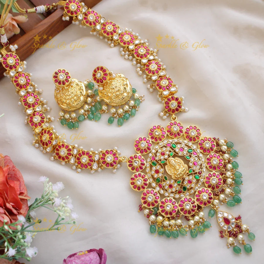 Exquisite Floral Lakshmi Long jadau Necklace with mintgreen baeds and Pearls - Sparkle and Glow