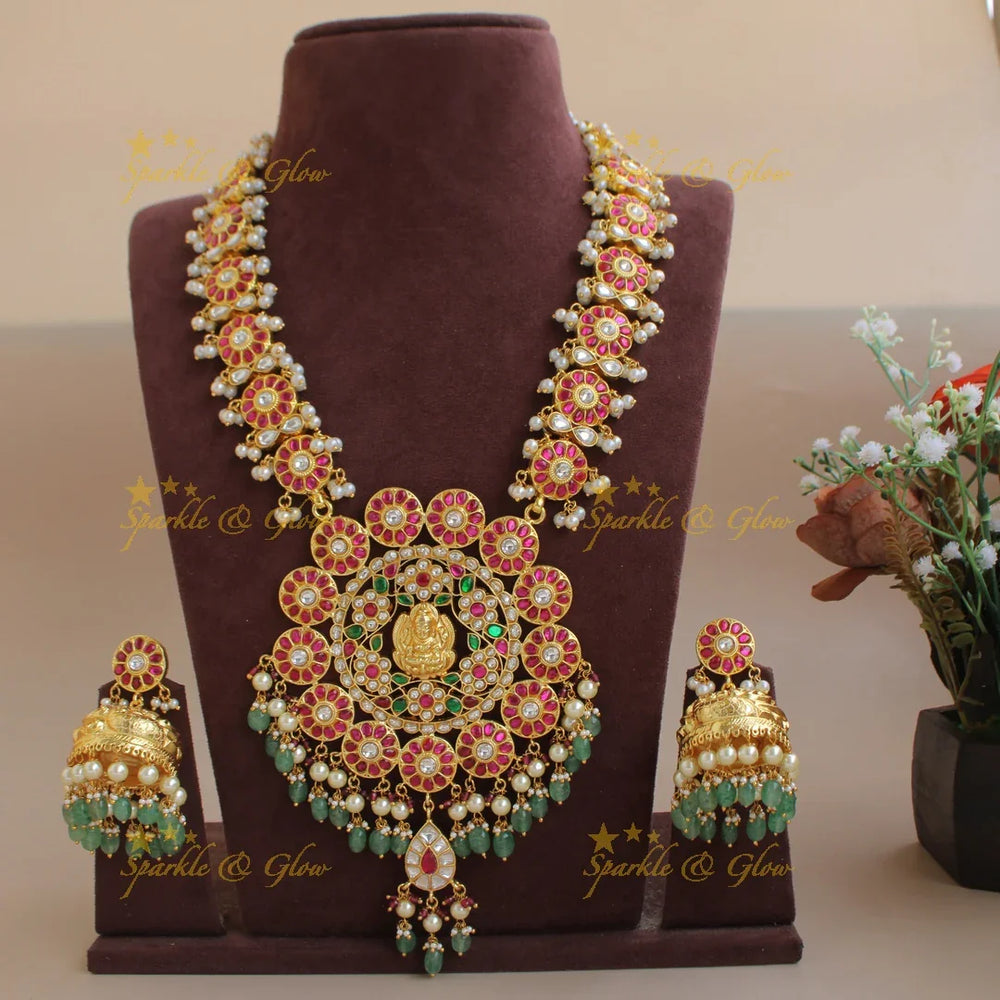 Exquisite Floral Lakshmi Long jadau Necklace with mintgreen baeds and Pearls - Sparkle and Glow