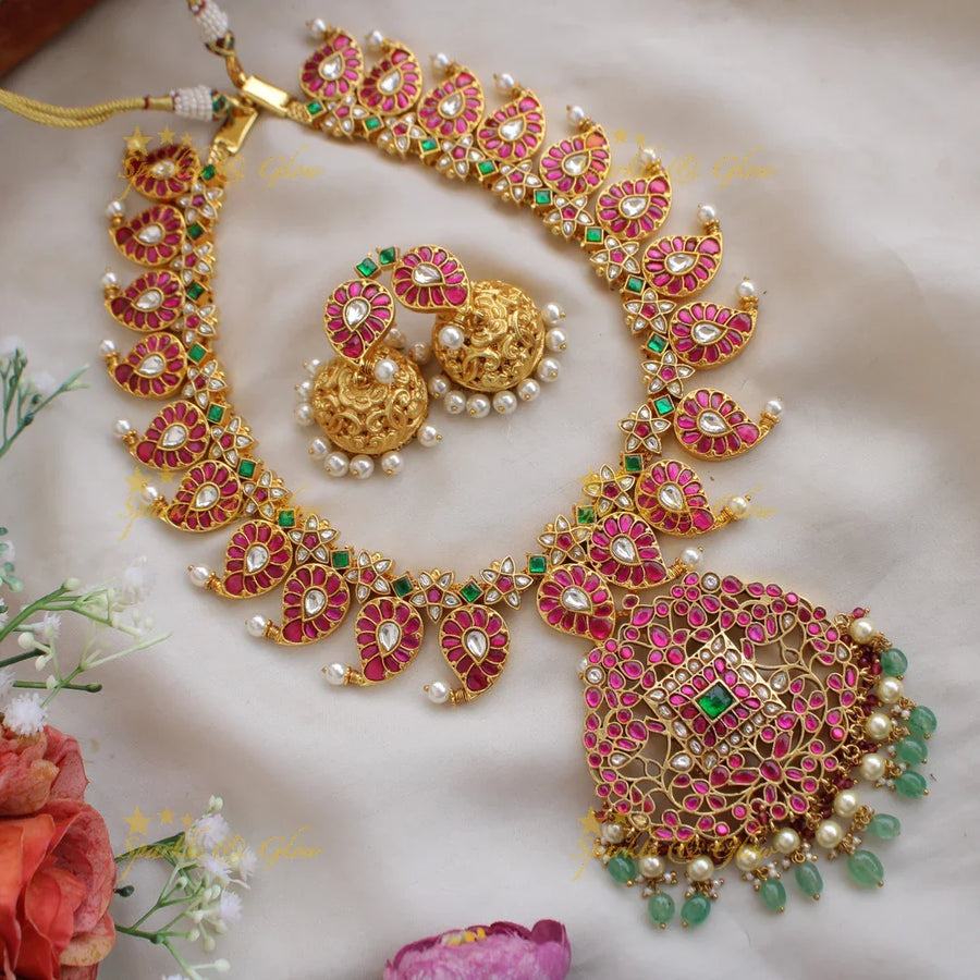 Jadau Kundan Mango long Haram with mint Green and pearl beads - Sparkle and Glow
