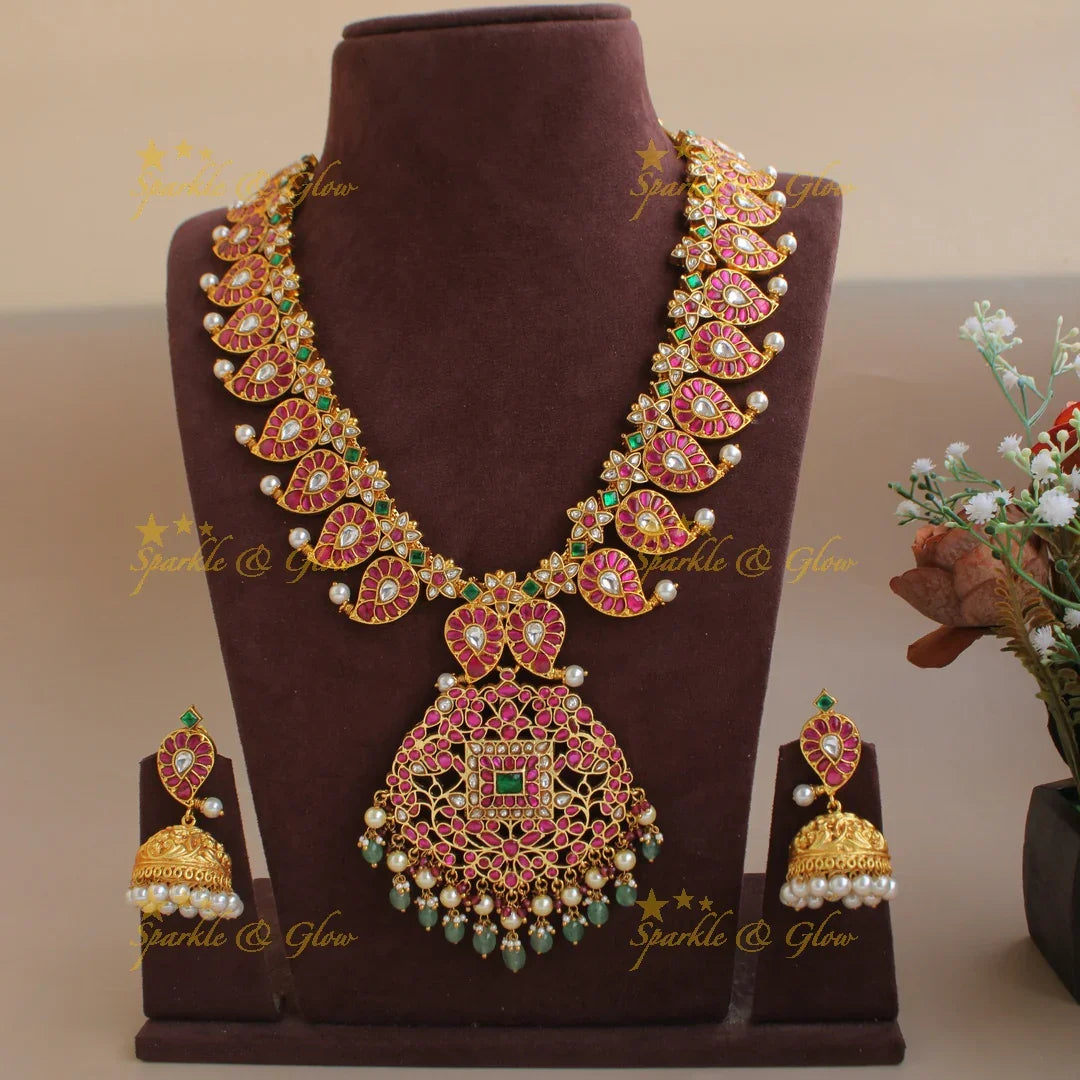 Jadau Kundan Mango long Haram with mint Green and pearl beads - Sparkle and Glow