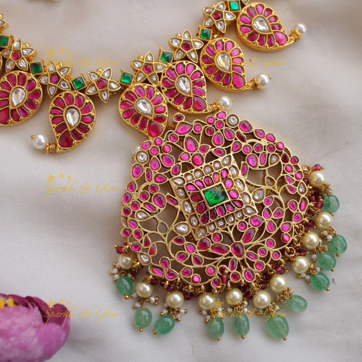 Jadau Kundan Mango long Haram with mint Green and pearl beads - Sparkle and Glow