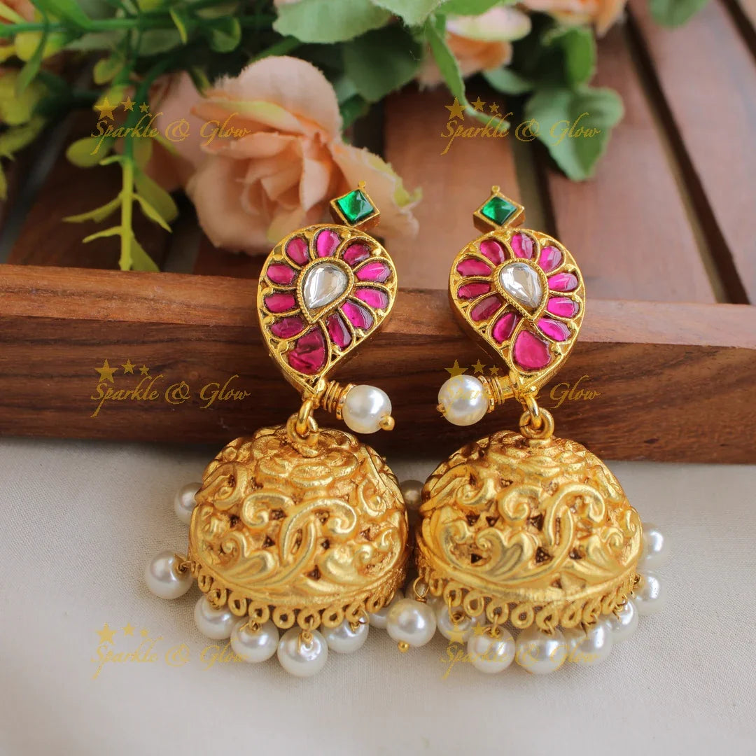 Jadau Kundan Mango long Haram with mint Green and pearl beads - Sparkle and Glow