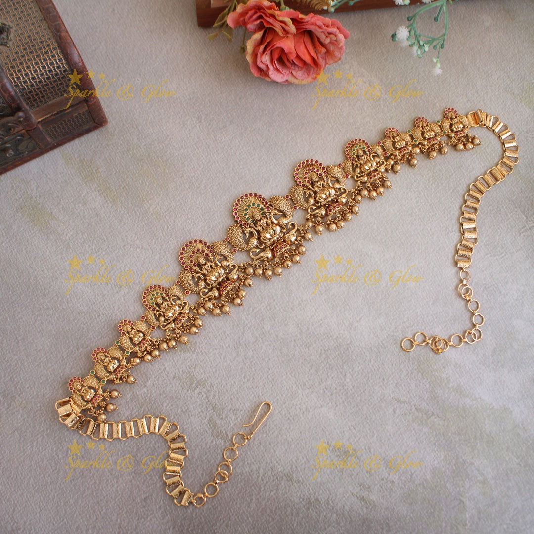 Exclusive Lakshmi peacock elephant carved hipchain with ruby and gold beads