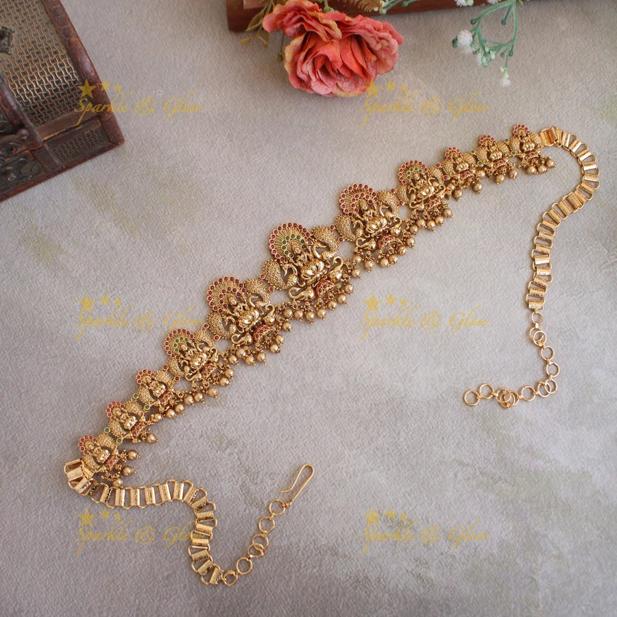 Exclusive Lakshmi peacock elephant carved hipchain with ruby and gold beads - Sparkle and Glow