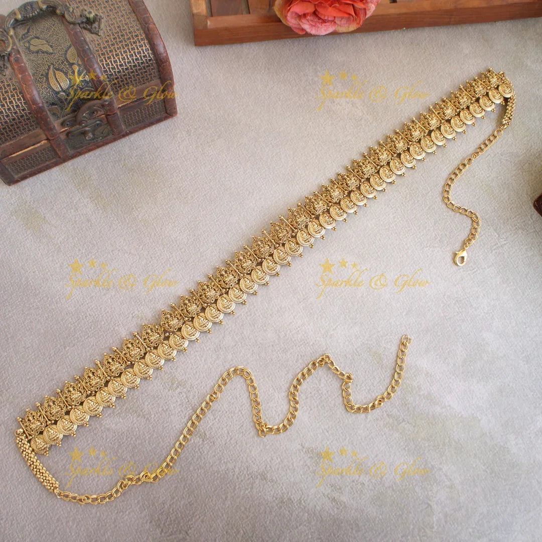 Stunning gold alike Lakshmi carved coin hipchain - Sparkle and Glow