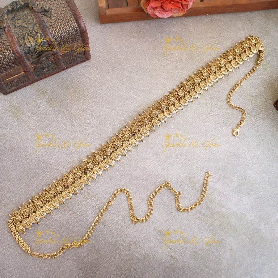 Stunning gold alike Lakshmi carved coin hipchain - Sparkle and Glow