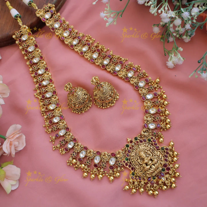 Grand intricate Lakshmi peacock carved kemp stone long necklace with gold beads - Sparkle and Glow