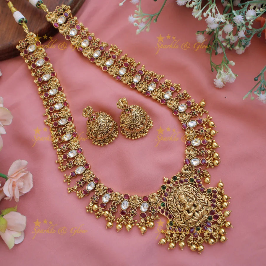 Grand intricate Lakshmi peacock carved kemp stone long necklace with gold beads - Sparkle and Glow