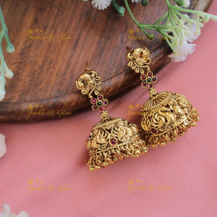 Grand intricate Lakshmi peacock carved kemp stone long necklace with gold beads - Sparkle and Glow