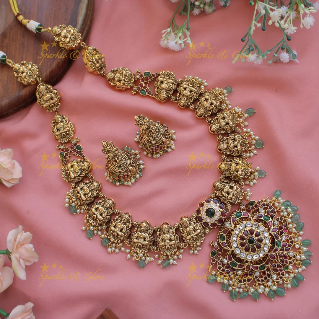 Gorgeous Lakshmi peacock floral kemp stone long necklace with pearls and mint green beads - Sparkle and Glow