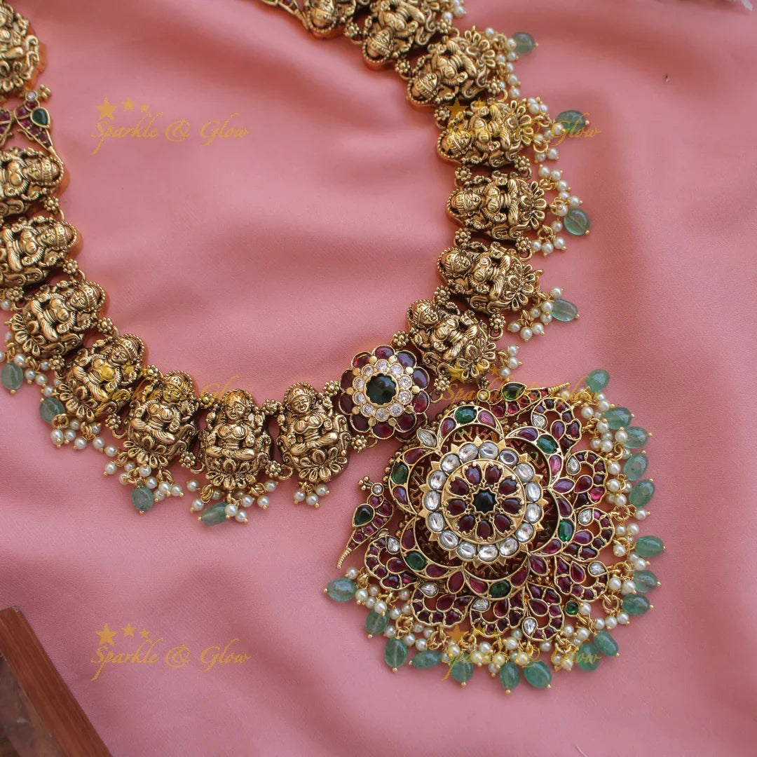 Gorgeous Lakshmi peacock floral kemp stone long necklace with pearls and mint green beads - Sparkle and Glow