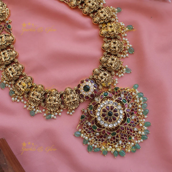 Gorgeous Lakshmi peacock floral kemp stone long necklace with pearls and mint green beads - Sparkle and Glow
