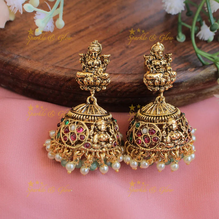 Gorgeous Lakshmi peacock floral kemp stone long necklace with pearls and mint green beads - Sparkle and Glow