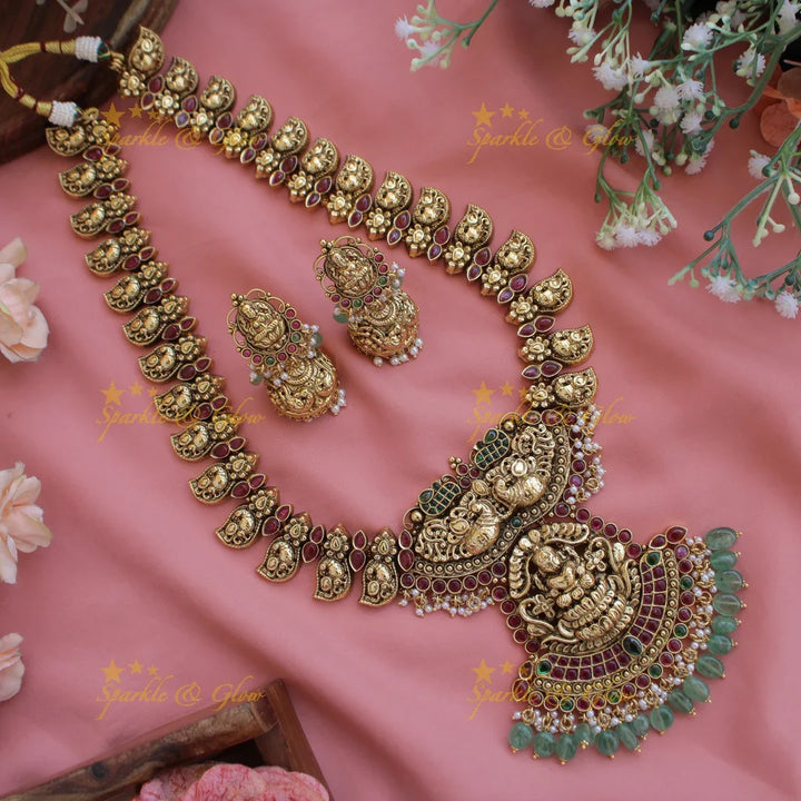 Statement Lakshmi peacock carved mango kemp stone long necklace with mint green beads - Sparkle and Glow