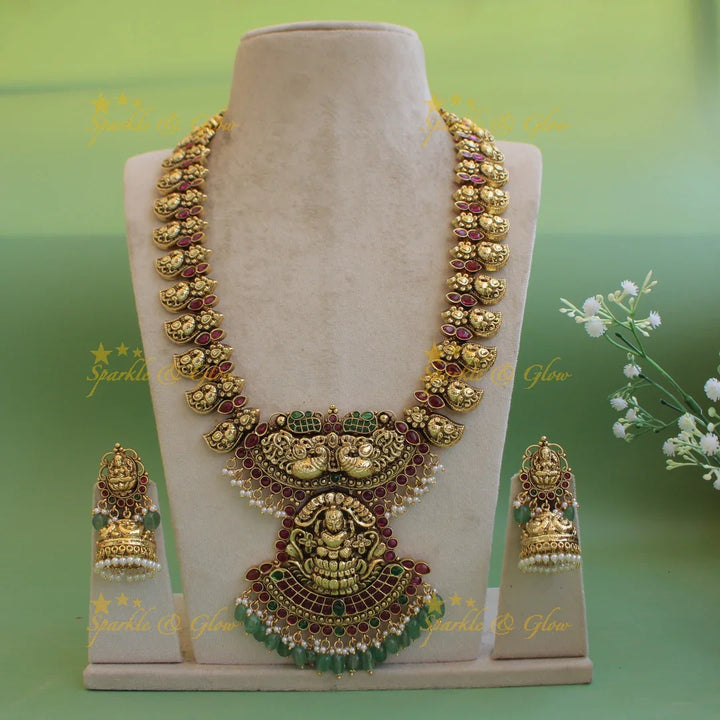 Statement Lakshmi peacock carved mango kemp stone long necklace with mint green beads - Sparkle and Glow