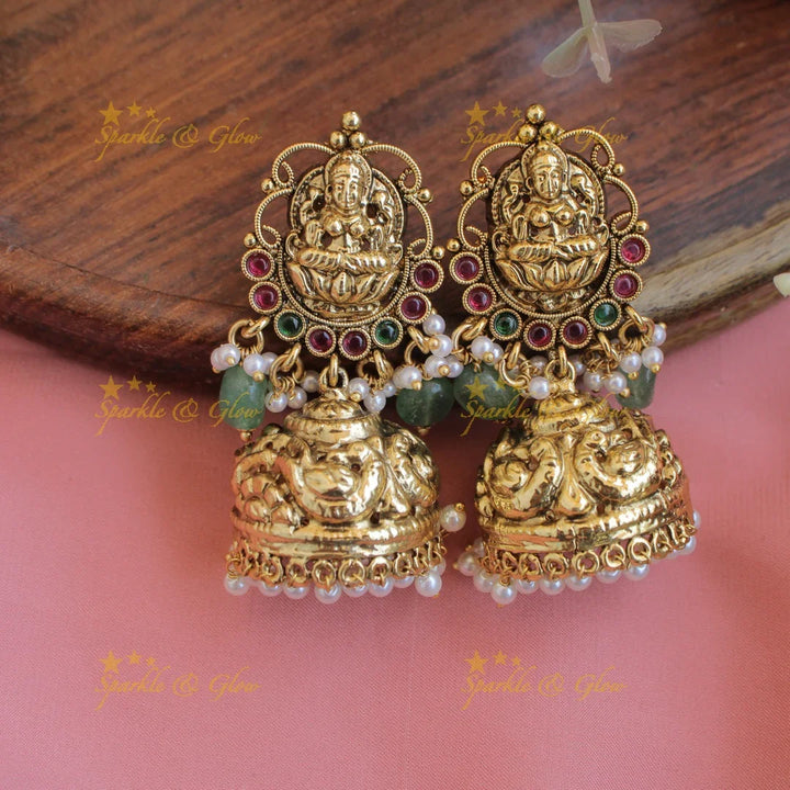 Statement Lakshmi peacock carved mango kemp stone long necklace with mint green beads - Sparkle and Glow