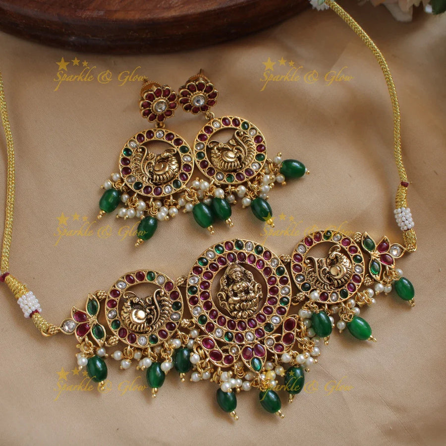 Elegant Lakshmi peacock kemp stone choker with pearls and green beads - Sparkle and Glow