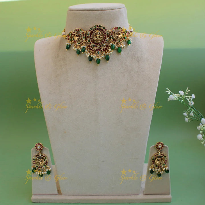 Elegant Lakshmi peacock kemp stone choker with pearls and green beads - Sparkle and Glow