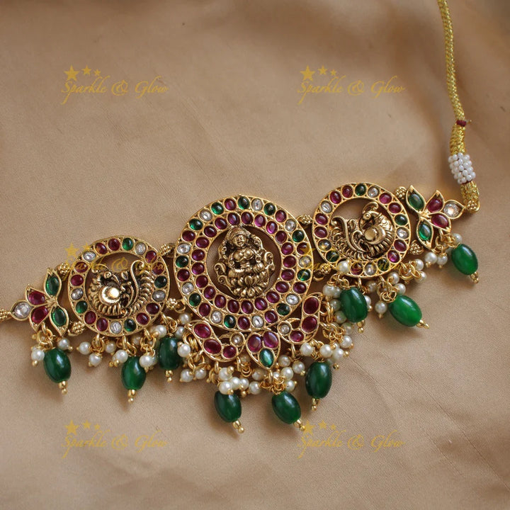 Elegant Lakshmi peacock kemp stone choker with pearls and green beads - Sparkle and Glow